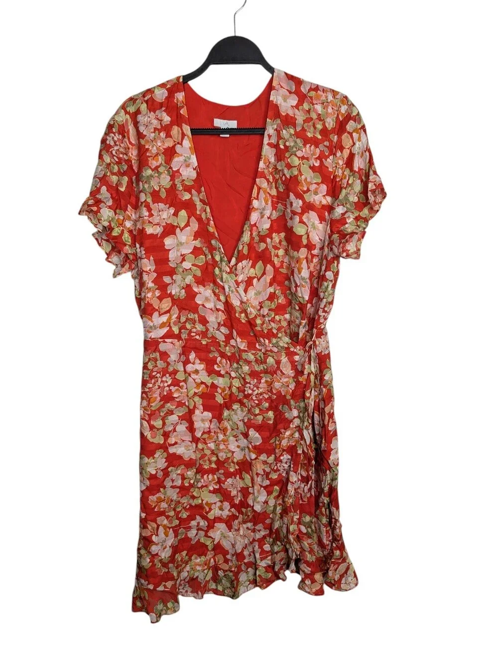 J. Jill Red Floral Wrap Summer Tropical Vacation Trip Ruffle Dress Size Large - Picture 2 of 11